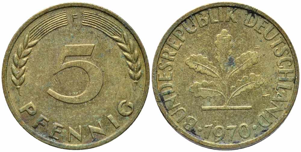 ФРГ 5 ПФЕННИГОВ 1970 F KM 107, J. 382 сталь плакированная латунью 112-146