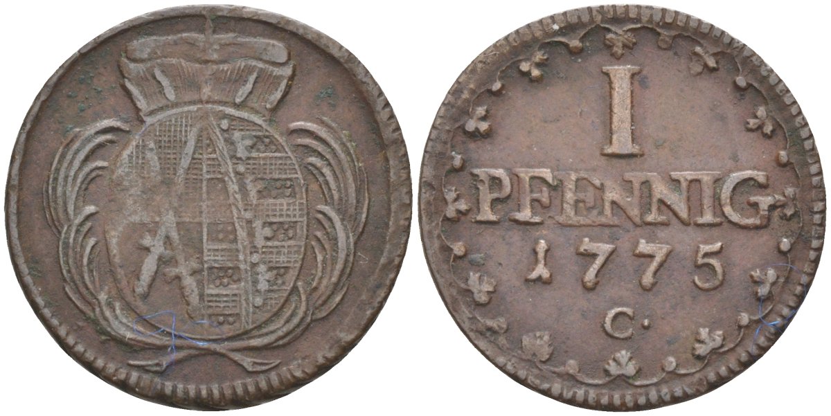 Саксония 1 пфенниг 1775 С, Фридрих Август III (1763-1806) KM 1000 (C91) медь 4383-118