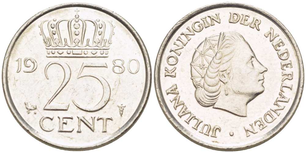 НИДЕРЛАНДЫ 25 ЦЕНТОВ 1980 КОРОЛЕВА ЮЛИАНА KM 183 никель 3955-158