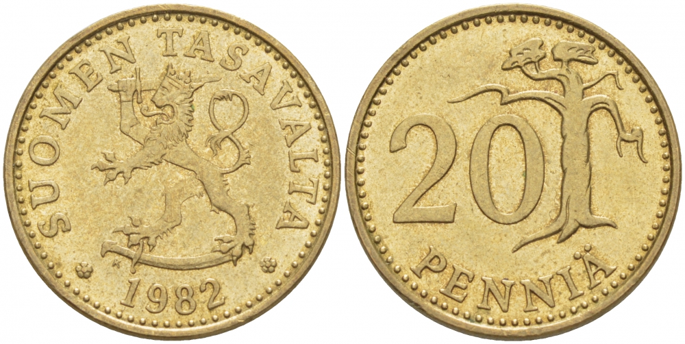 ФИНЛЯНДИЯ 20 ПЕННИ 1982 K KM 47 алюминиевая бронза 3718-526