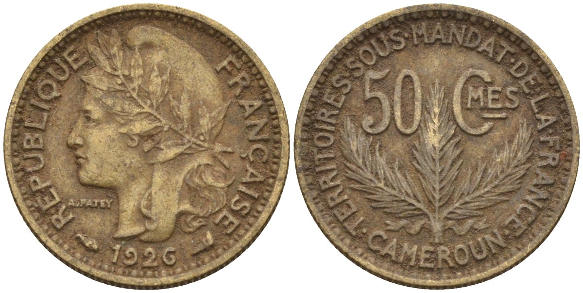Камерун 50 сантимов 1926 (a), мондвор Париж KM 1 алюминиевая бронза 4164-1251