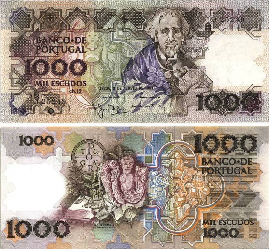 ПОРТУГАЛИЯ 1000 ЭСКУДО 1983 2 АВГУСТА 1983, ТЕОФИЛ БРАГА, МУЗЕЙНЫЙ АРТЕФАКТЫ Pick 181а бумага aUNC 8606-35-1-1