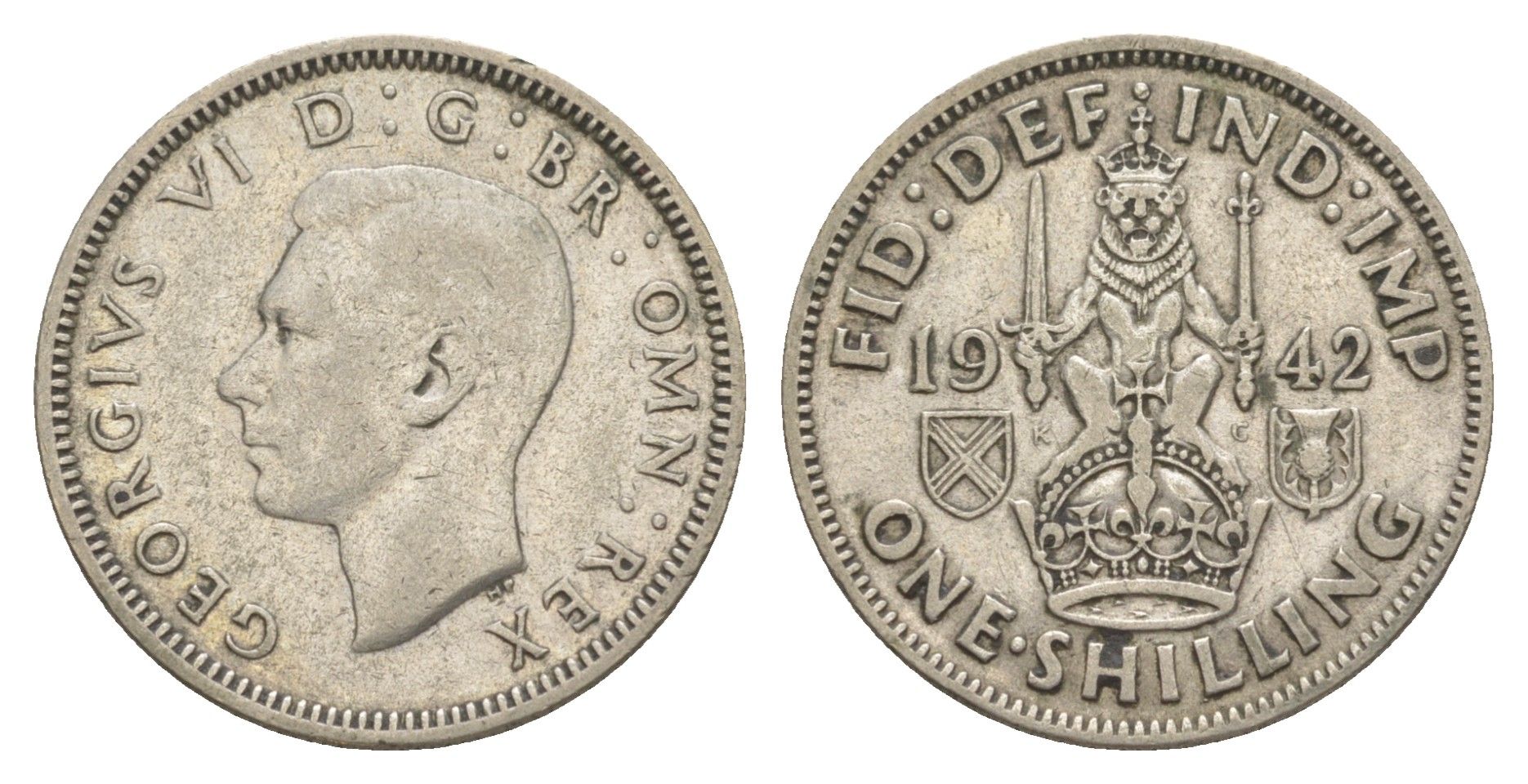 Великобритания 1 шиллинг 1942 Георг VI (1936-1952), Шотландский герб KM 854, Spink 4083 серебро 34-353