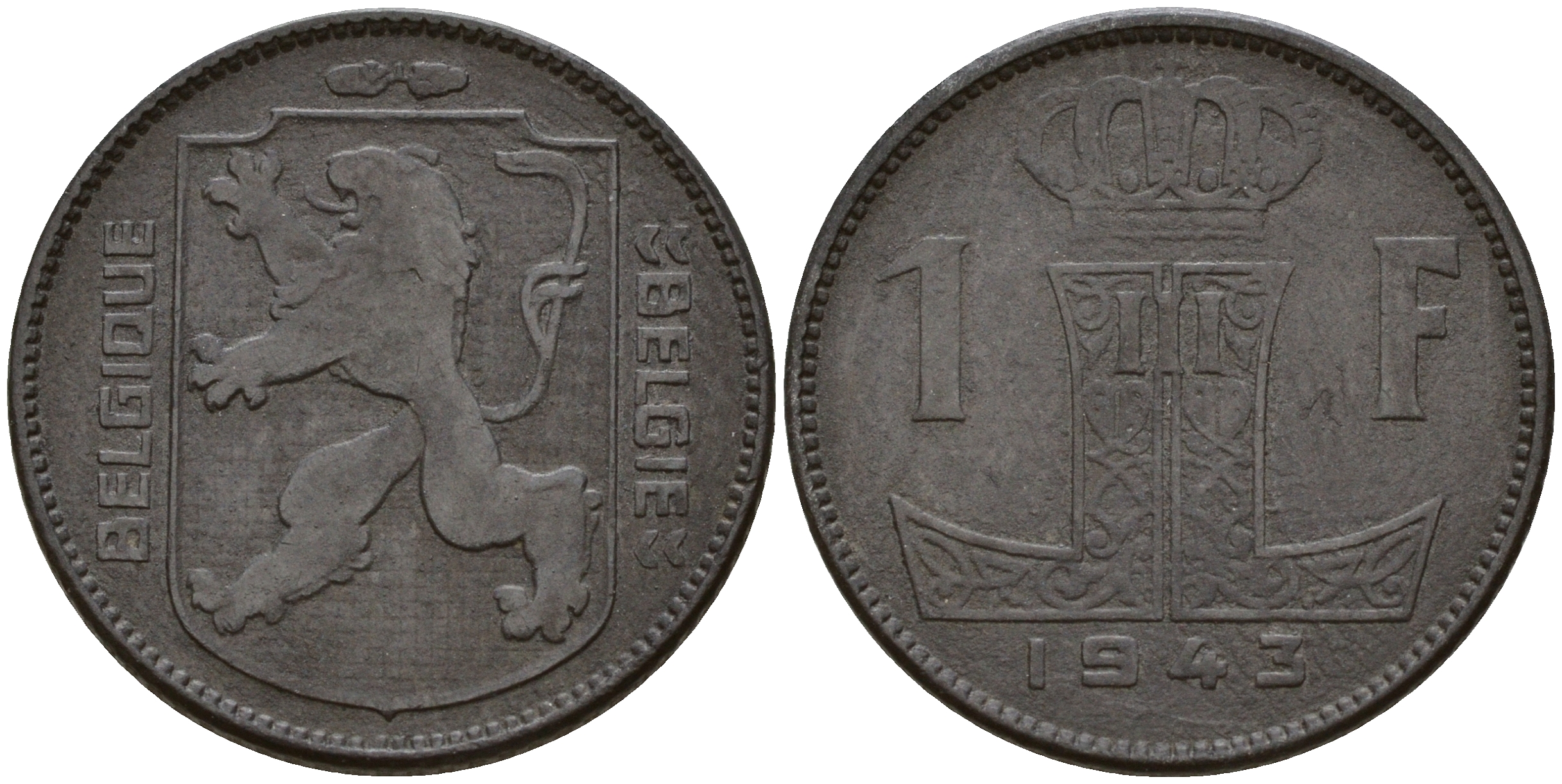 Бельгия 1 франк 1943 Belgique-Belgie KM 127 цинк    4187-145