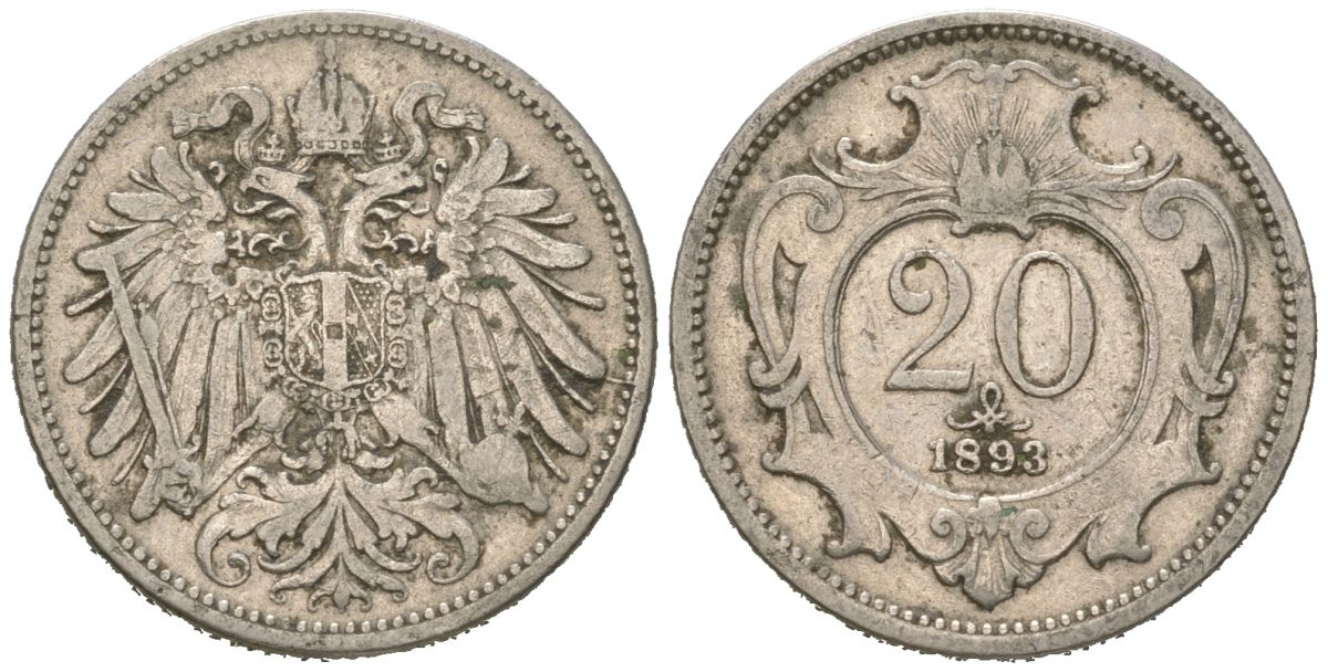 Австрия 20 геллеров 1893 Франц Иосиф (1848-1916) KM 2803 никель 4615-669