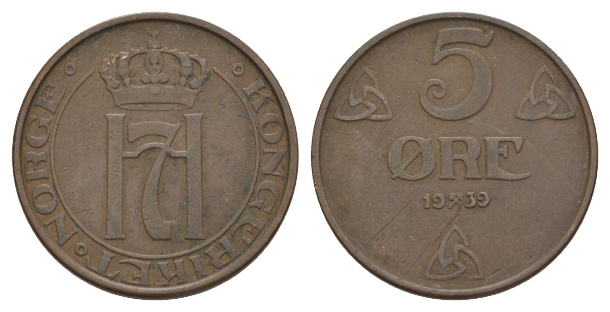 Норвегия 5 эре 1939 Хокон VII (1905-1957) KM 368 бронза 4635-532