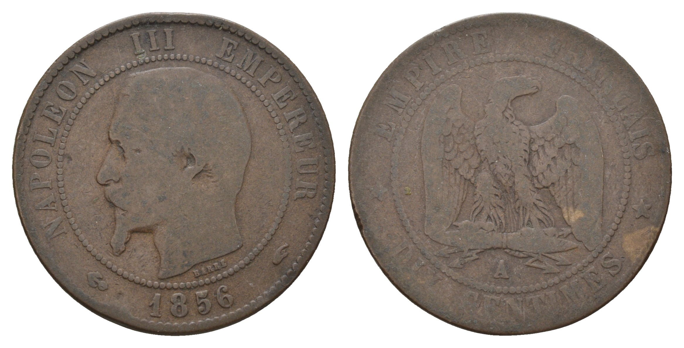 Франция 10 сантимов 1856 A, Наполеон III (1852-1870) KM 771.1, Le Franc 133.32 бронза 4683-242