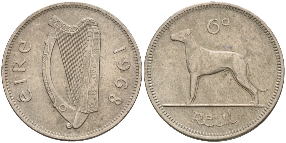 Ирландия 6 пенсов 1968 ирландский волкодав KM 13a медно-никель 4146-457