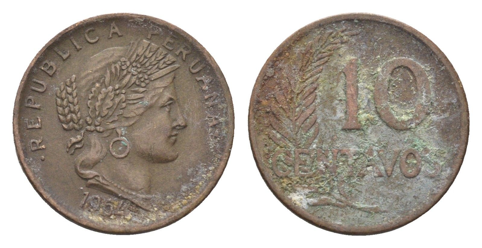 Перу 10 сентаво 1954 KM 224 латунь 4664-364