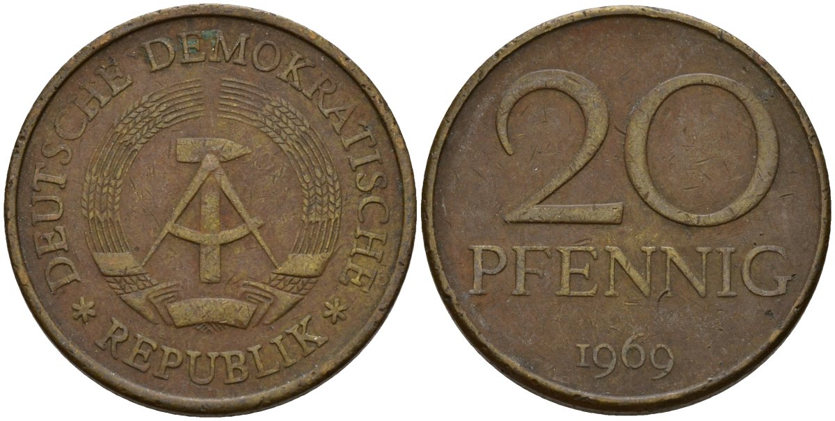 ГДР 20 пфеннигов 1969 А, первый год KM 11 латунь 92-134