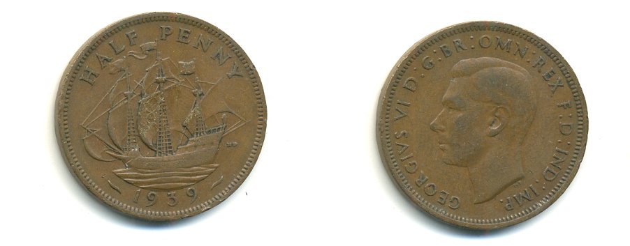 Великобритания 1/2 пенни 1939 Георг VI (1936-1952) KM 844, Spink 4115 бронза 59-1014