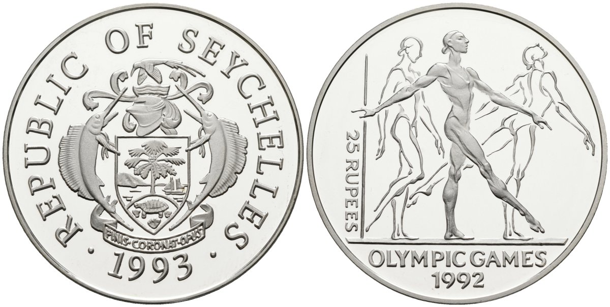 Сейшельские острова 25 рупий 1993 XXV летние олимпийские игры 1992 года в Барселоне, гиманстика, тираж 40000 экз. KM 70 серебро PROOF 1095-10-43
