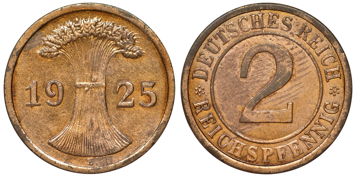 Германия 2 рейхспфеннига 1925 E KM 38, J. 314, Weege 4 бронза 4121-611