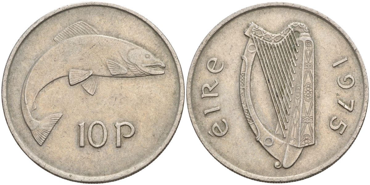 Ирландия 10 пенсов 1975 лосось KM 23 медно-никель 4150-942