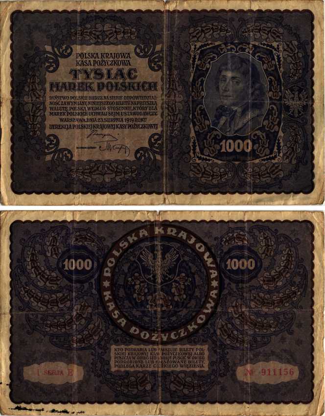 ПОЛЬША 1000 МАРОК 1919 23 АВГУСТА 1919, ТРЕТИЙ ВЫПУСК, ПОРТРЕТ КОСТЮШКО Pick 29 бумага VG 8607-13-1