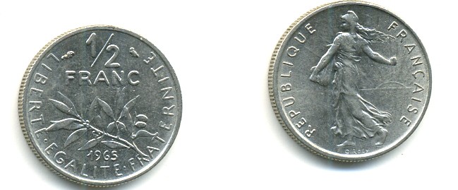 Франция 1/2 франка 1965 сеятель KM 931, Le Franc 198.3 никель 25-735
