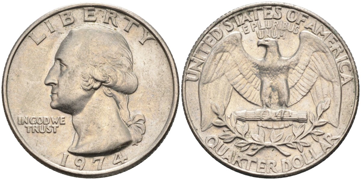 США 25 центов (квотер) 1974 Вашингтон KM 164a медь плакированная медно-никелем 4584-1033