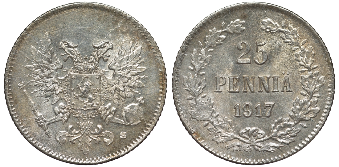 Россия для Финляндии 25 пенни 1917 S, временное правительство, без короны KM 19, Биткин 2 серебро 75-1439