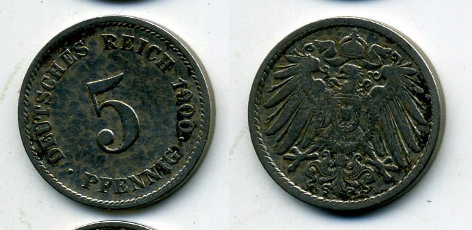ГЕРМАНИЯ 5 ПФЕННИГОВ 1900 J, KM 11, J. 12 медно-никель 58-1244