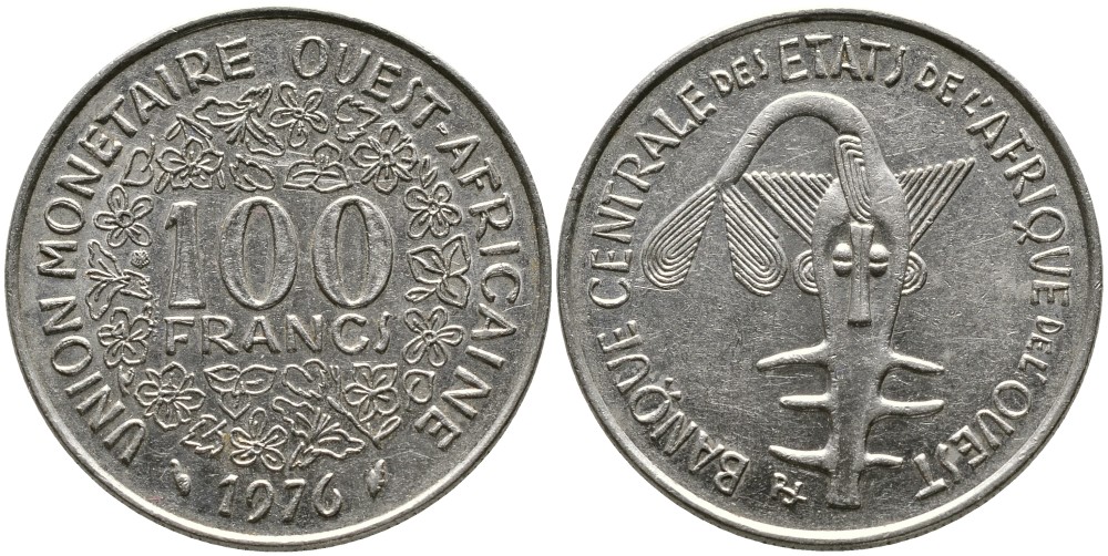ВАЛЮТНЫЙ СОЮЗ СТРАН ЗАПАДНОЙ АФРИКИ 100 ФРАНКОВ 1976 ФЕДЕРАЦИЯ KM 4 никель 4538-312