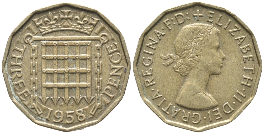 Великобритания 3 пенса 1958 Елизавета II (1952-2022) KM 900, Spink 4153 никель латунь 34-234