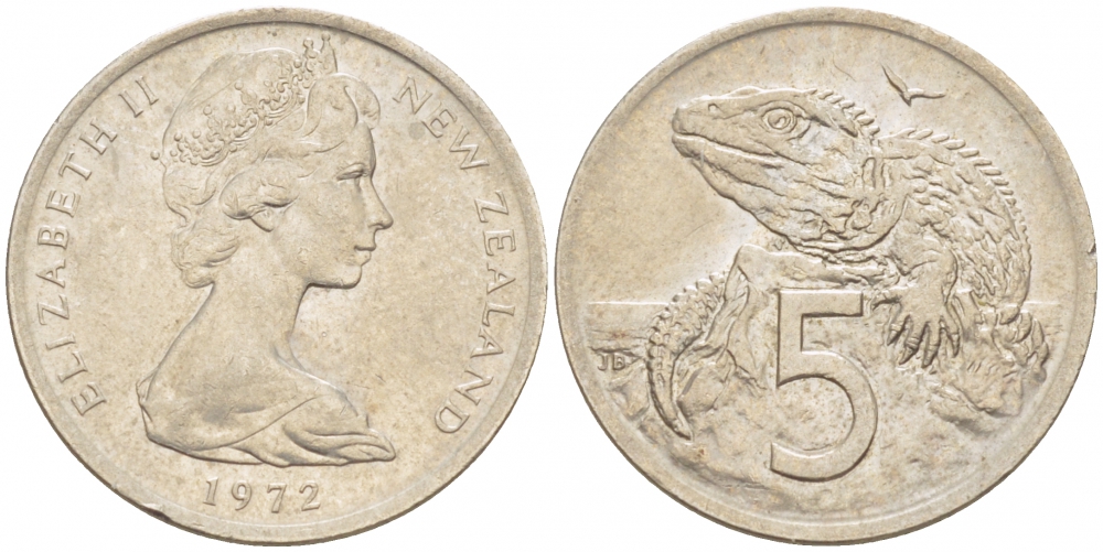 Новая Зеландия 5 центов 1972 Елизавета II (1952-2022), ящерица гаттерия KM 34.1 медно-никель 214-849