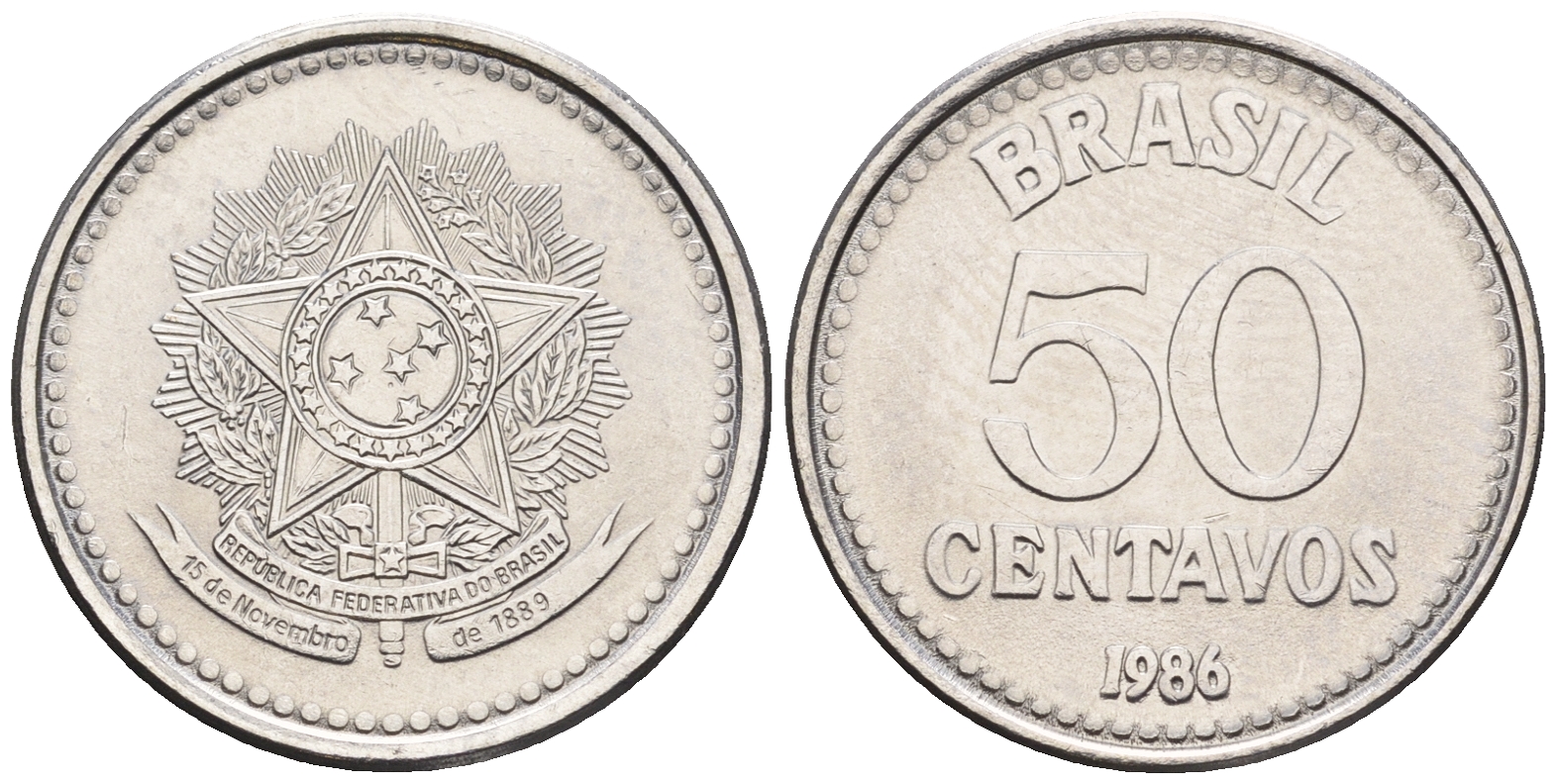 Бразилия 50 сентаво 1986 реформа 1986-1989 KM 604 нержавеющая сталь UNC 87-514