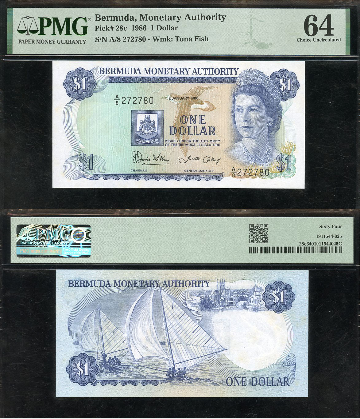 Бермудские острова 1 доллар 1986 Елизавета II (1952-2022), парусные лодки, Гамильтон, в слабе PCGS 64 Choice Uncirculated Pick 28 c  бумага  UNC (пресс) 452-1-130