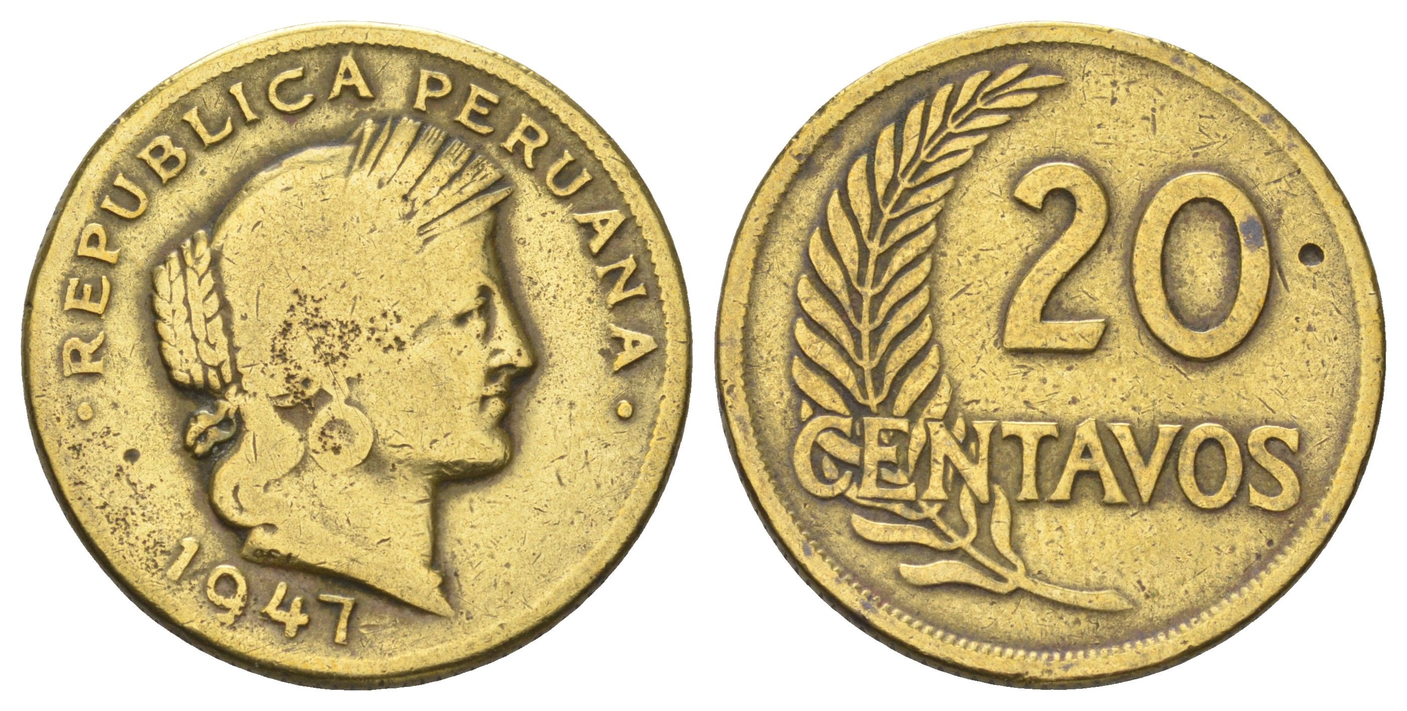 Перу 20 сентаво 1947 KM 221 латунь 4646-1125