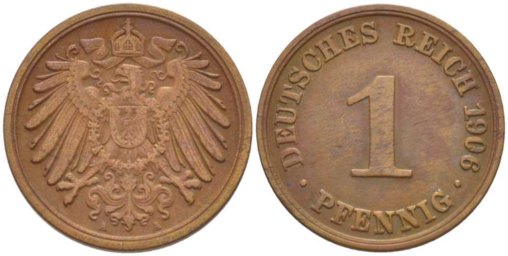 ГЕРМАНИЯ 1 ПФЕННИГ 1906 A KM 10, J. 10, Weege 2 медь 211-341