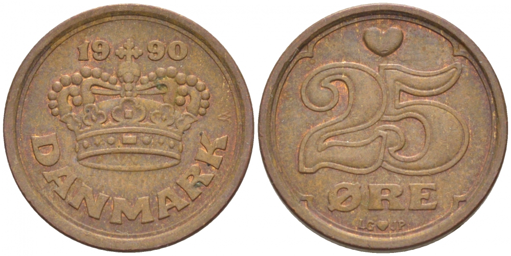 ДАНИЯ 25 ЭРЕ 1990 LG; JP; A, МАРГРЕТЕ II (1972-) KM 868.1 бронза 3718-335