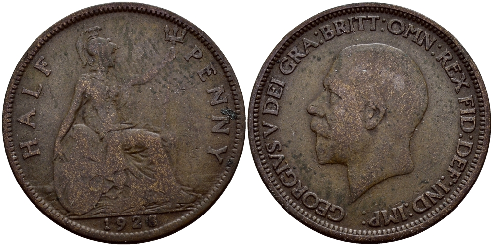 Великобритания 1/2 пенни 1928 Георг V (1910-1936) KM 837 Spink 4058 бронза 51-1617