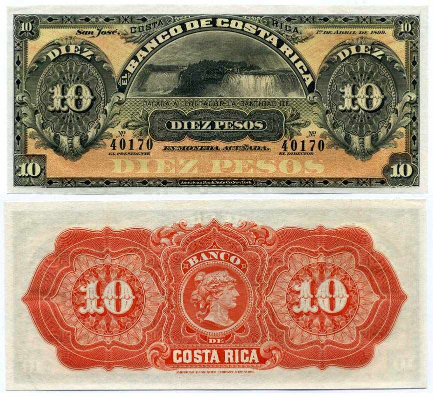 Коста-Рика 10 песо 1899 Banco de Costa Rica, Ниагарский водопад Pick S164r  бумага  UNC (пресс) 00-00