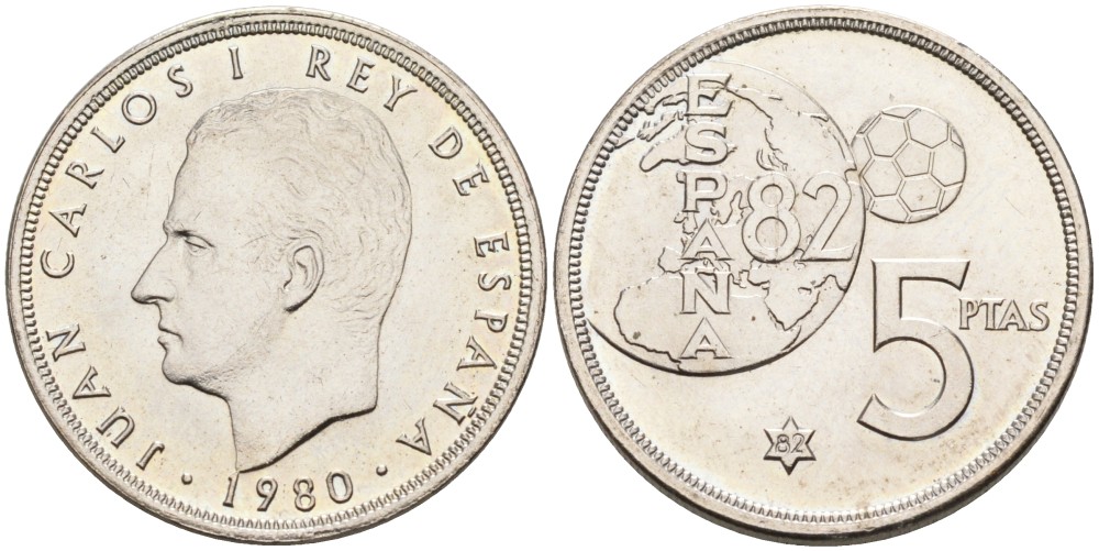 Испания 5 песет 1980 (82) чемпионат мира по футболу в Испании 1982 года, Хуан Карлос I KM 817 медно-никель аUNC 4681-417