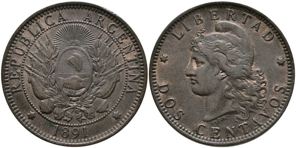 Аргентина 2 сентаво 1891 голова свободы влево KM 8 бронза 4531-1026