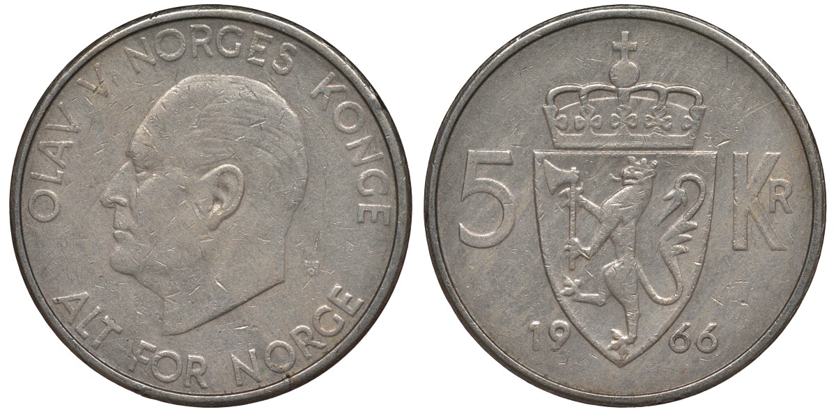 Норвегия 5 крон 1966 Улаф V (1958-1991) KM 420 медно-никель 4123-823