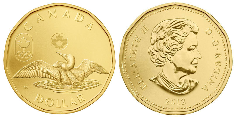 Канада 1 доллар 2012 XXX летние Олимпийские игры в Лондоне в 2012 году, красноклювая гагара KM 1256 никель плакированный бронзой UNC M45-14