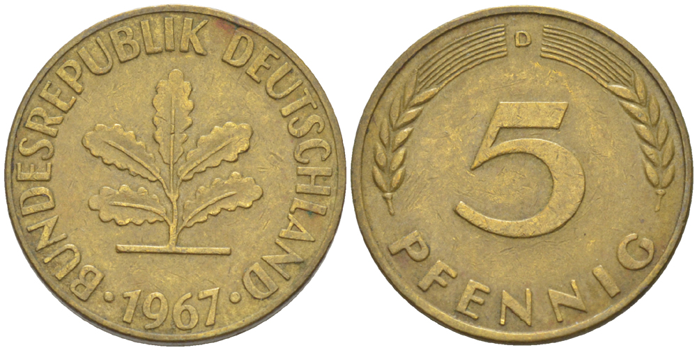 ФРГ 5 ПФЕННИГОВ 1967 D KM 107, J. 382 сталь плакированная латунью 4181-917
