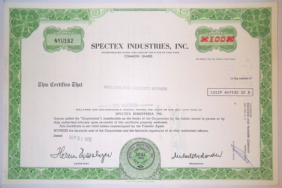 США, Spectex Industries Inc. 100 акций 1972 бумага 8805-57-1
