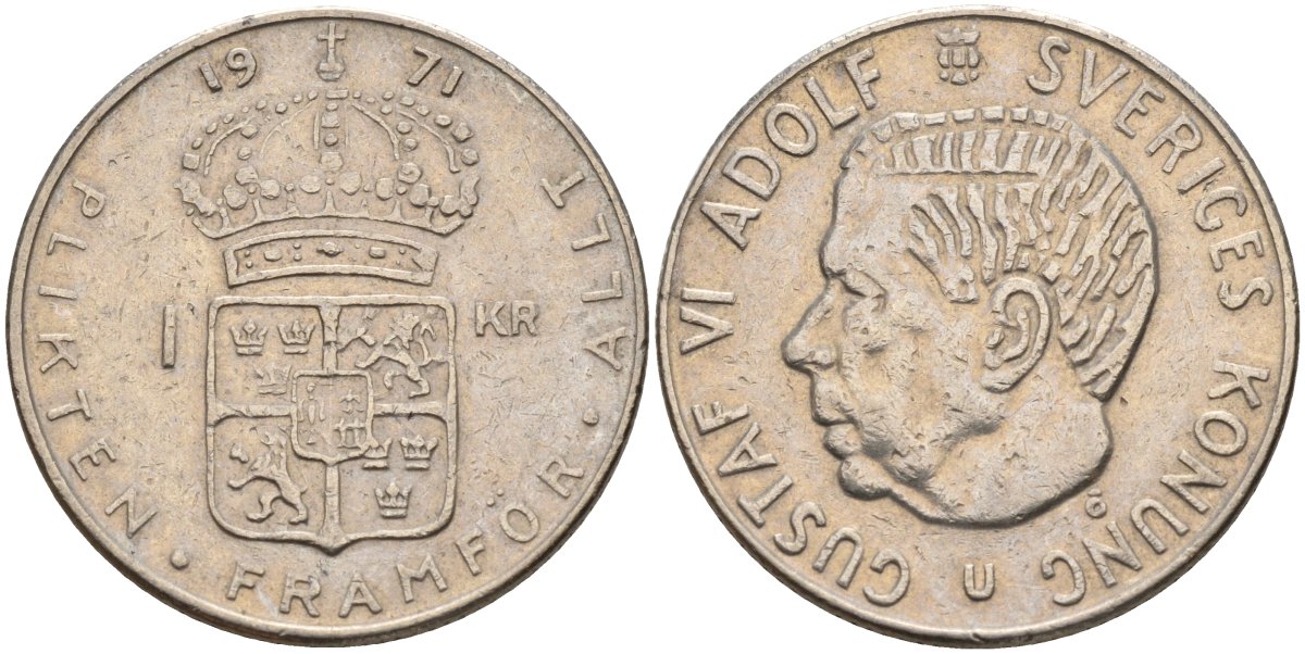 Швеция 1 крона 1971 U, Густав VI Адольф (1950-1973) KM 826a медь плакированный медно-никелем 4150-322