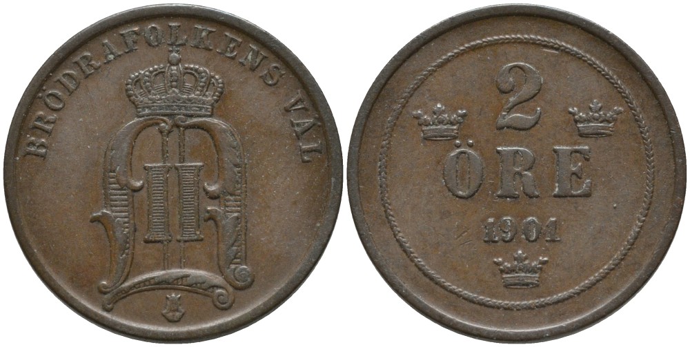 Швеция 2 эре 1901 Оскар II (1872-1907) король Швеции и Норвегии KM 746 бронза 55-736