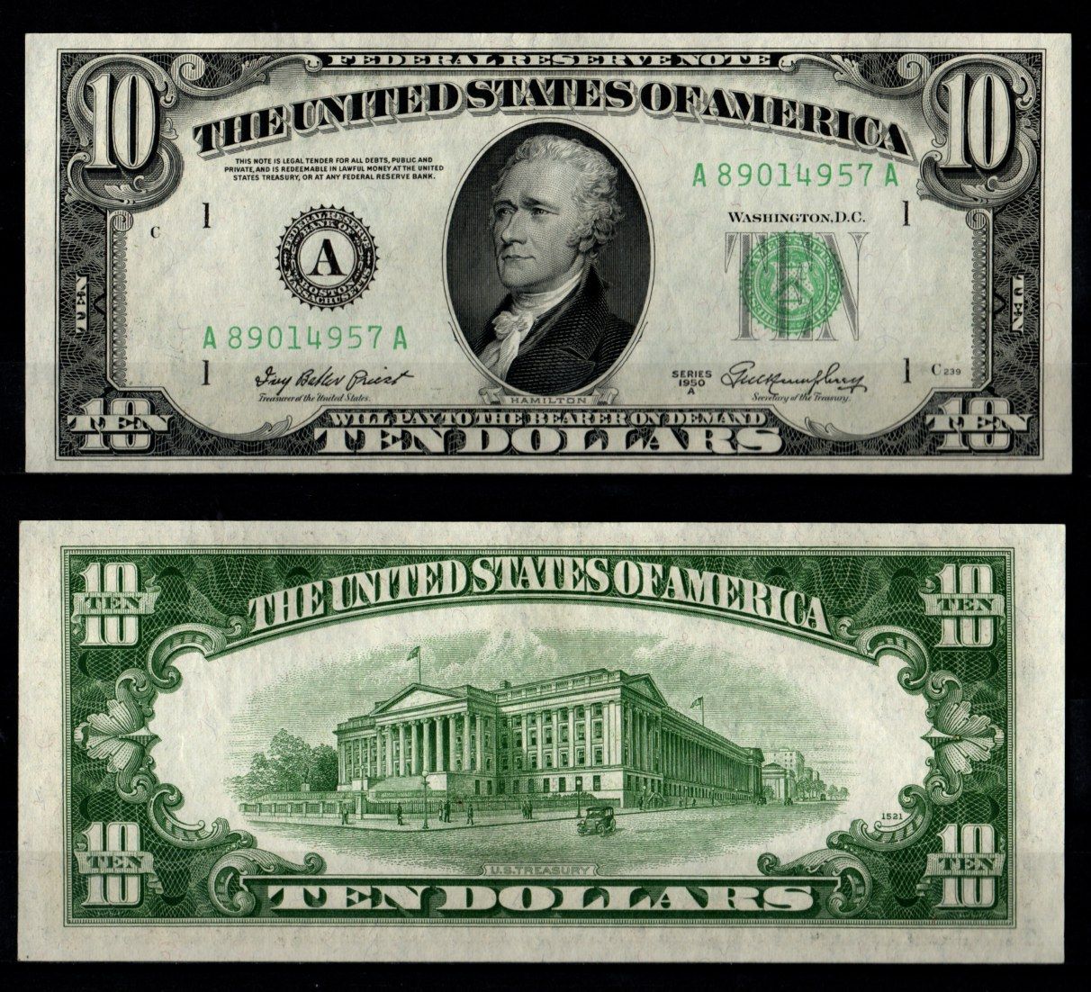 США 10 долларов 1950 Александр Гамильтон. Министерство финансов Соединенных Штатов, Вашингтон, округ Колумбия Pick 439 a, Fr. 2011-A бумага UNC (пресс) 451-1278-1