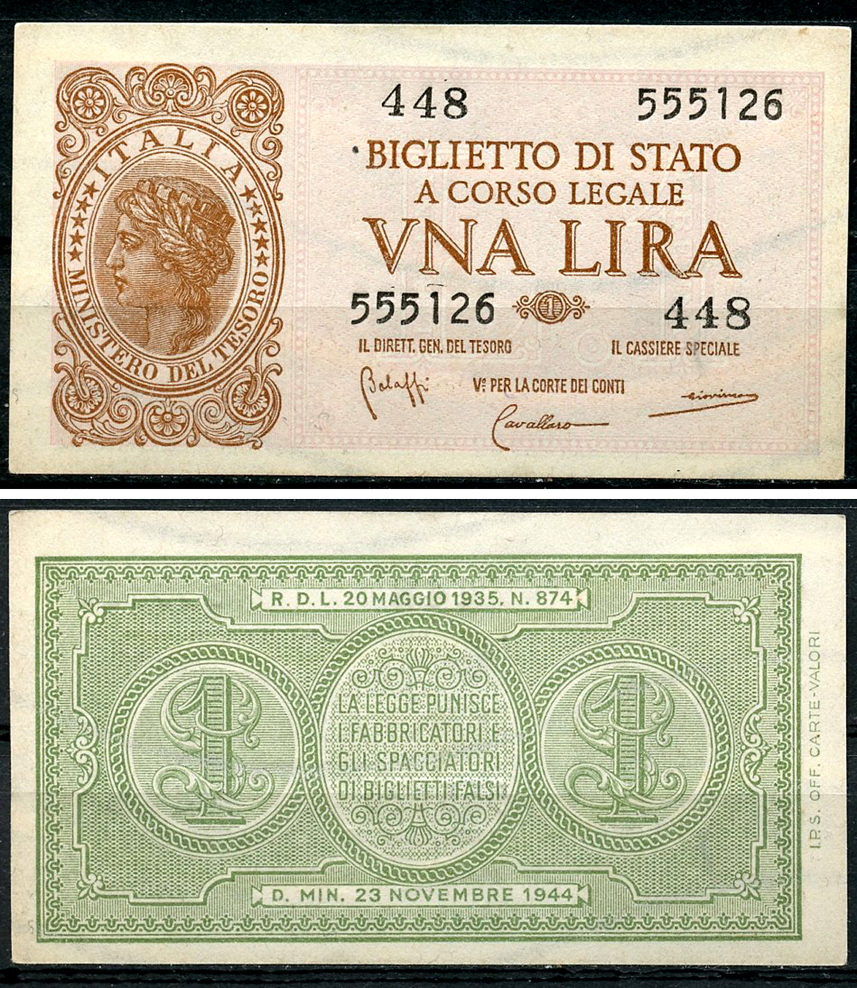 Италия 1 лира 1944 подписи Bolaffi, Cavallaro, Giovinco Pick 29 b, Grapanzano BS 8  бумага  aUNC 8614-8-4-1