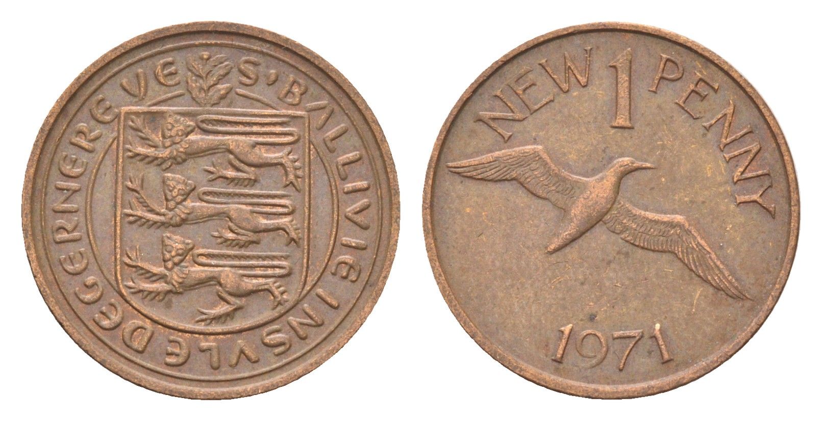 Гернси 1 новый пенни 1971 Елизавета II (1952-2022), северная олуша в полете KM 21 бронза 4702-744