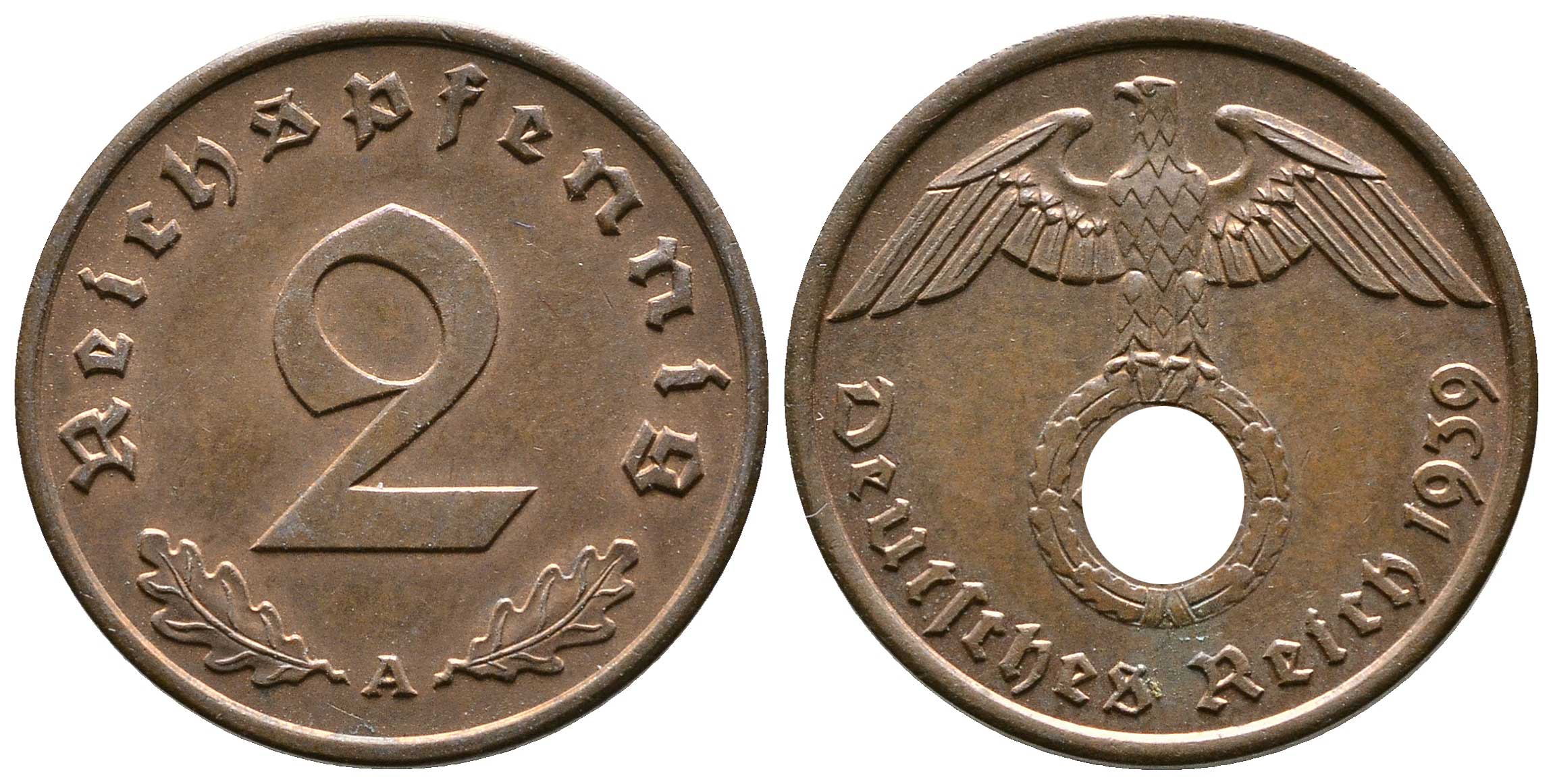 Германия 2 рейхспфеннига 1939 A KM 90, J. 362 бронза 176-1247