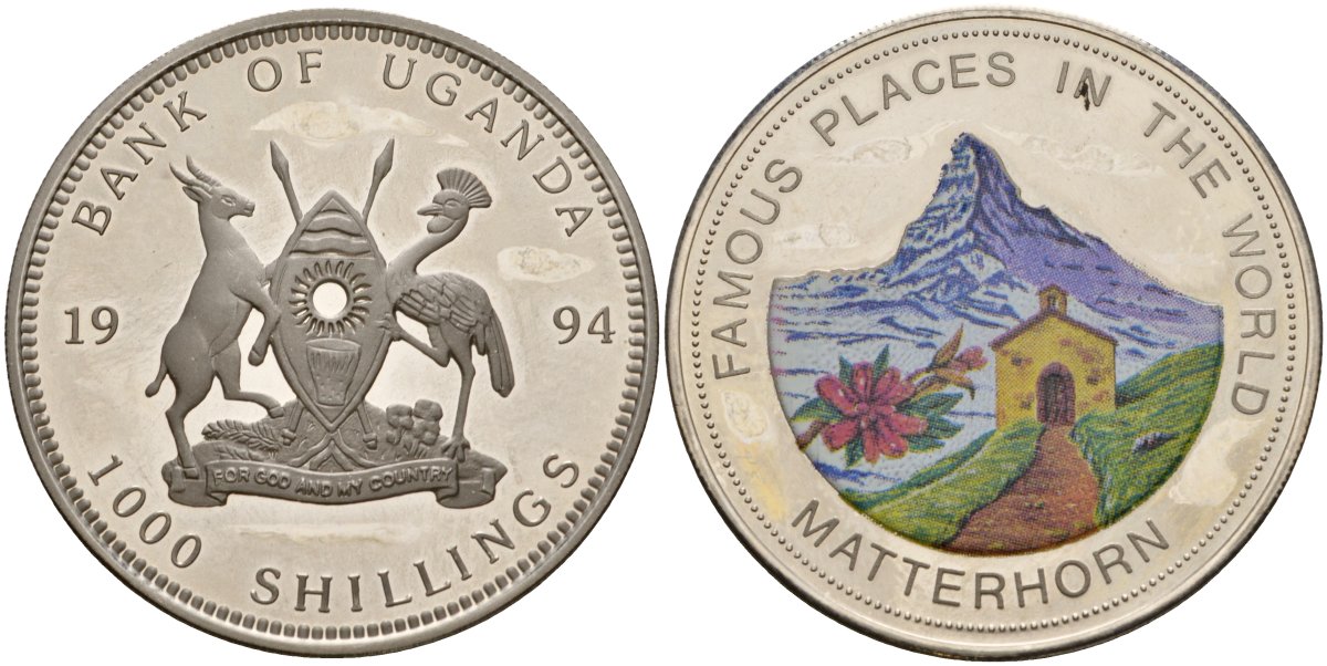 Уганда 1000 шиллингов 1994 маттерхорн Sch?n 35 медно-никель PROOF 1095-1-21
