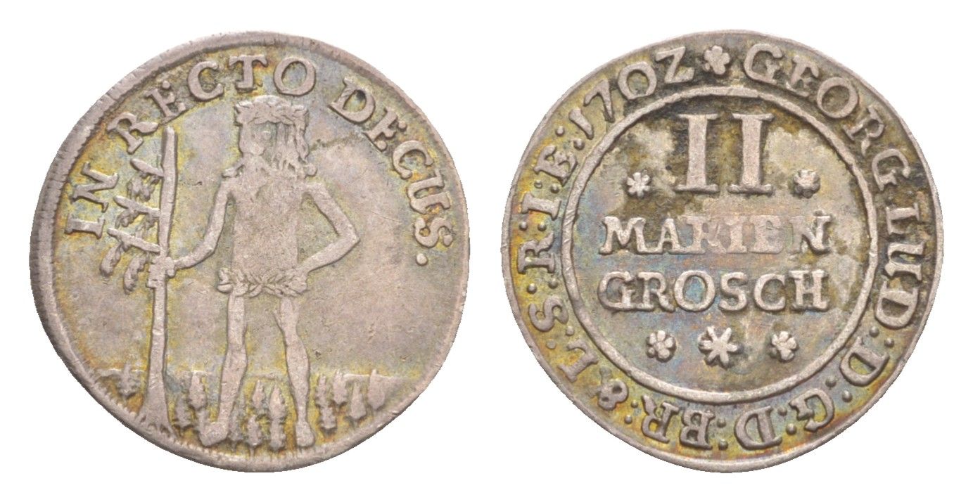 Брауншвейг-Каленберг-Ганновер 2 мариенгроша 1702 дикарь, Георг I (1698-1727), из коллекции Ричарда Б. Смита Welter 2202, KM 6 серебро 1525-734