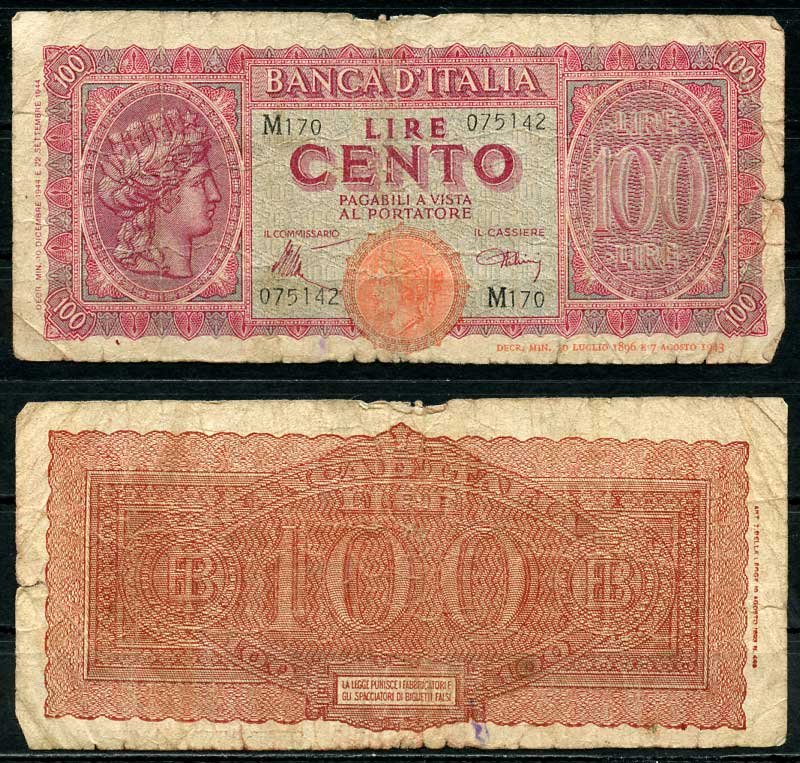 Италия 100 лир 1944 Pick 75 a бумага 8614-7-2-2