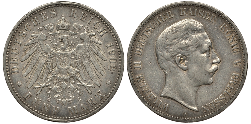 Пруссия 5 марок 1902 Вильгельм II (1888-1918) KM 523, J.104 серебро    413-4733