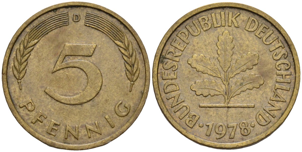ФРГ 5 пфеннигов 1978 D KM 107, J.382 сталь плакированная латунью 4115-961